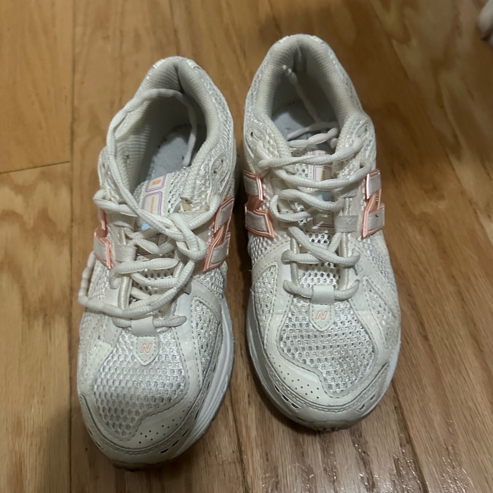 Kids White and Pink New Balance Athletic Sneakers
